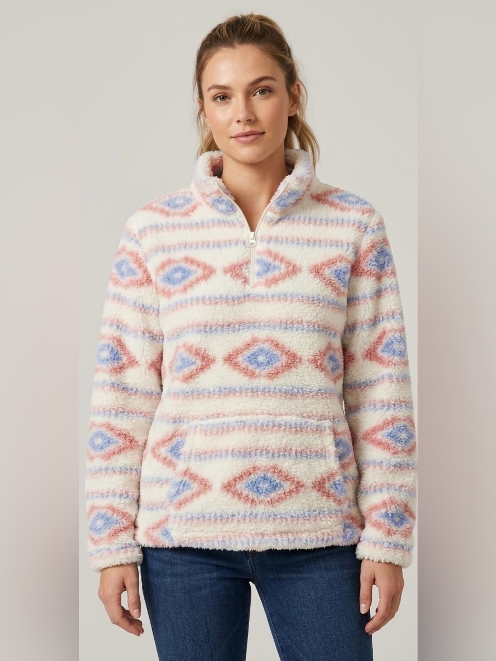 Crane Women’s Large Southwestern Aztec Sherpa Quarter-Zip Fleece Pullover